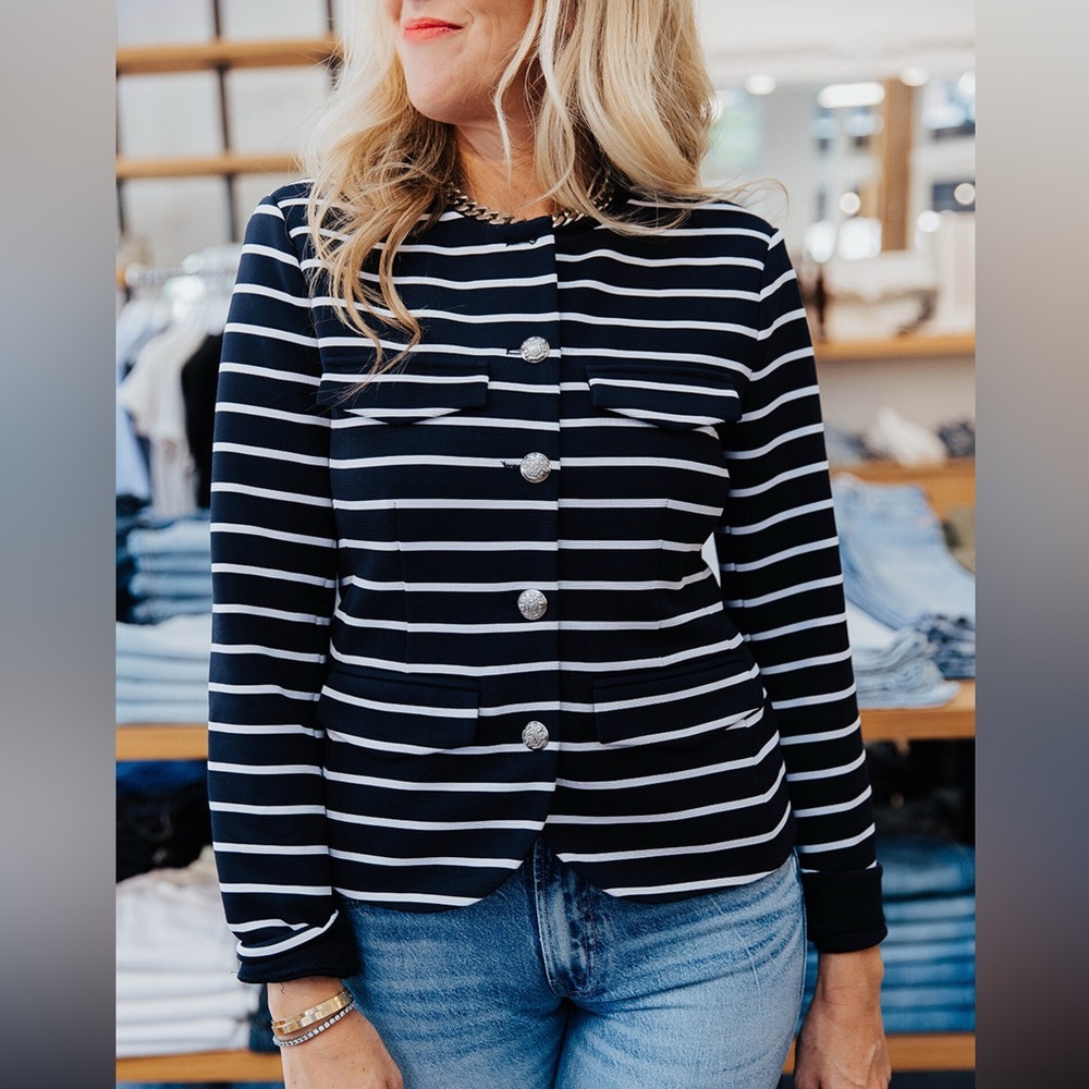 NWT Veronica Beard Kensington Striped Knit Button-Up Jacket Size XS Navy White